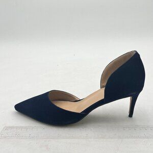 YDN Dark Blue Mid Heels D'Orsay Pumps Suede Pointed Toe Slip On Dressy Shoes